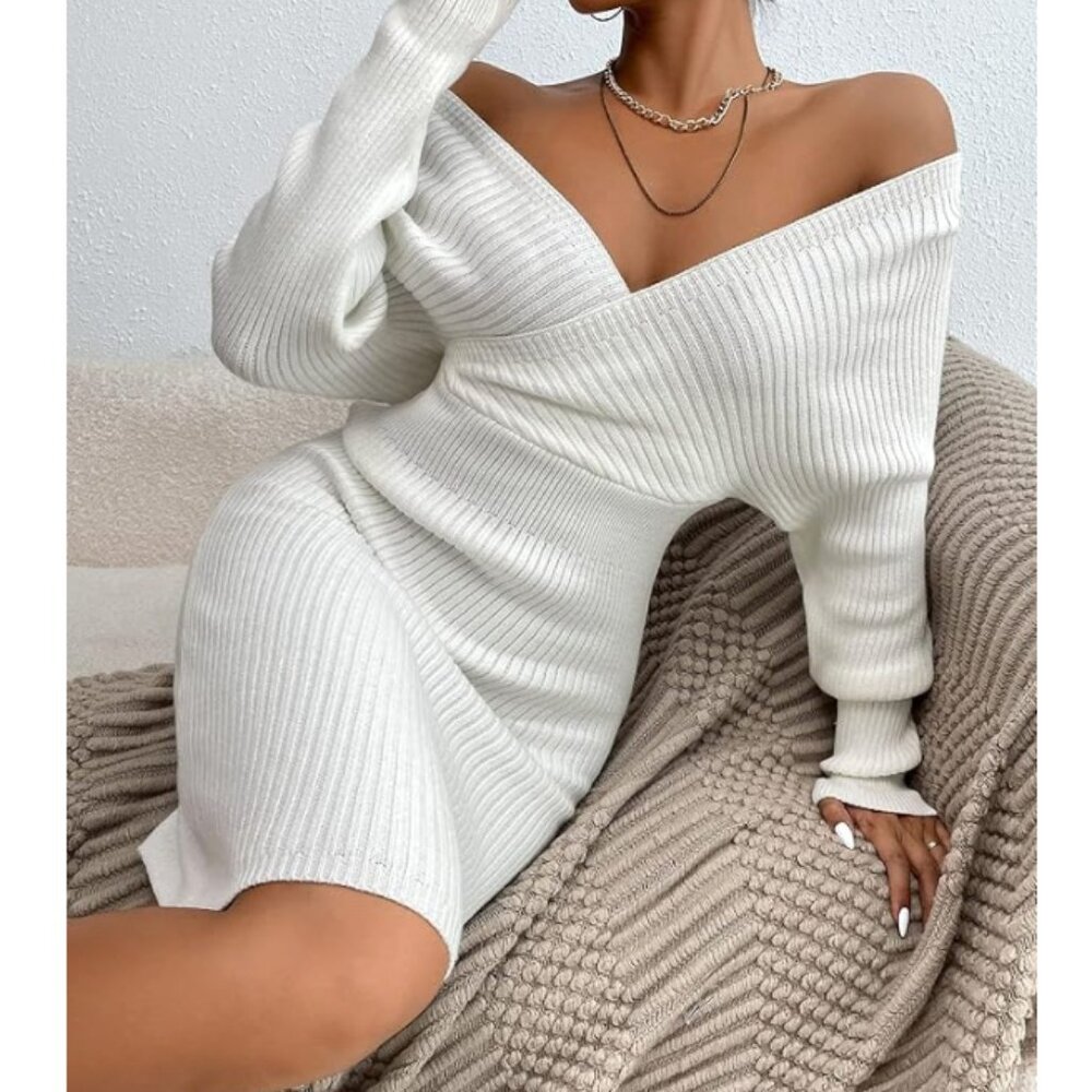 Long Sleeve White Knit Dress - Picture 3 of 13